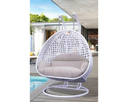 LeisureMod Modern White Wicker Hanging Double Seater Egg Swing Chair