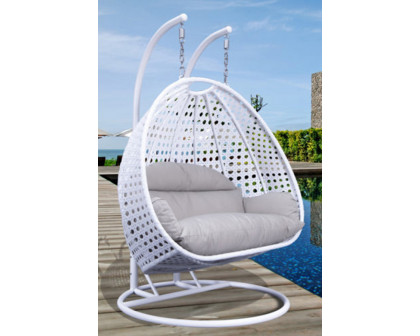 LeisureMod Modern White Wicker Hanging Double Seater Egg Swing Chair - Taupe