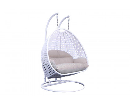 LeisureMod Modern White Wicker Hanging Double Seater Egg Swing Chair - Taupe