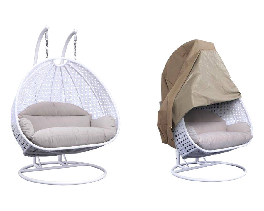 LeisureMod Wicker Hanging 2 person Egg Swing Chair With Outdoor Cover - White Beige