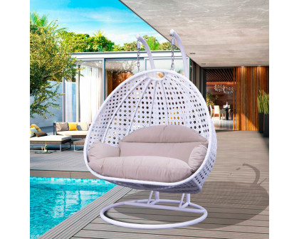 LeisureMod Wicker Hanging 2 person Egg Swing Chair With Outdoor Cover - White Beige