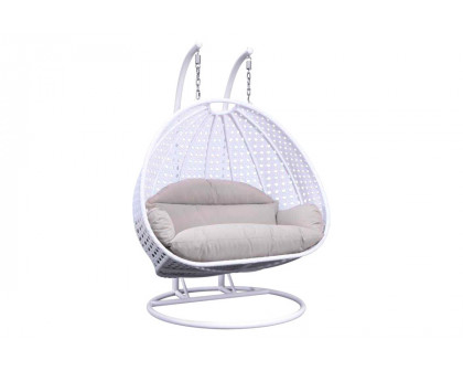 LeisureMod Wicker Hanging 2 person Egg Swing Chair With Outdoor Cover - White Beige