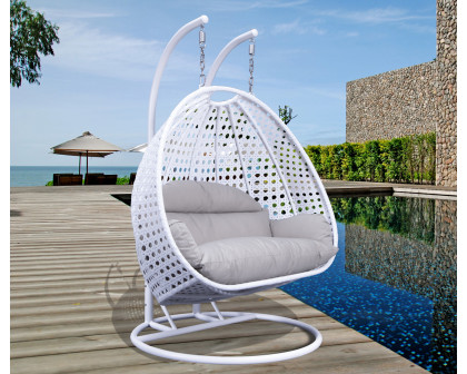 LeisureMod Wicker Hanging 2 person Egg Swing Chair With Outdoor Cover - White Beige