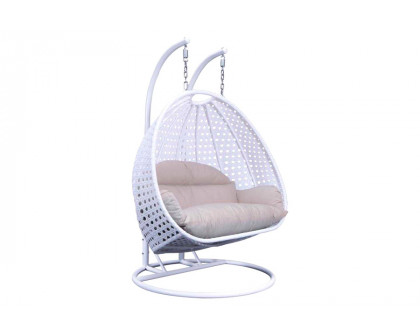 LeisureMod Wicker Hanging 2 person Egg Swing Chair With Outdoor Cover - White Beige