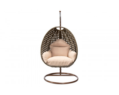 LeisureMod Beige Wicker Hanging Single Egg Swing Chair - Beige