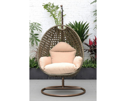 LeisureMod Beige Wicker Hanging Single Egg Swing Chair - Beige