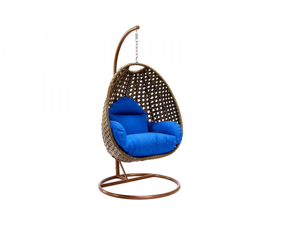 LeisureMod Beige Wicker Hanging Single Egg Swing Chair - Blue