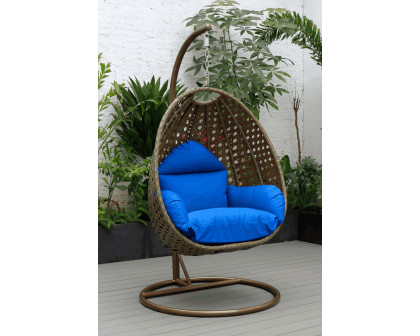 LeisureMod Beige Wicker Hanging Single Egg Swing Chair - Blue