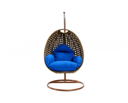 LeisureMod Beige Wicker Hanging Single Egg Swing Chair - Blue