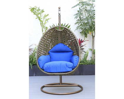 LeisureMod Beige Wicker Hanging Single Egg Swing Chair - Blue