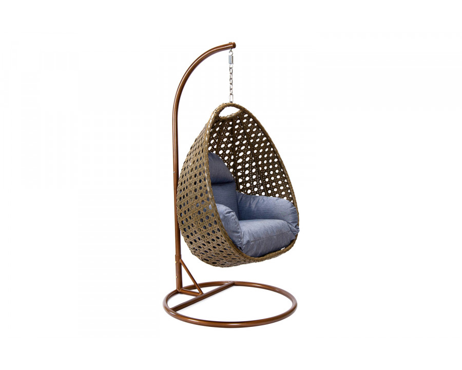 LeisureMod Beige Wicker Hanging Single Egg Swing Chair - Charcoal/Blue