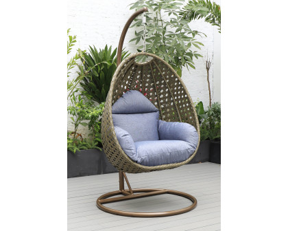 LeisureMod Beige Wicker Hanging Single Egg Swing Chair - Charcoal/Blue