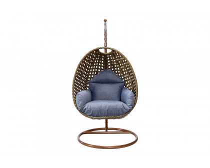 LeisureMod Beige Wicker Hanging Single Egg Swing Chair - Charcoal/Blue