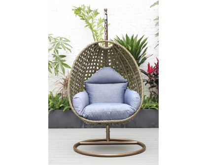 LeisureMod Beige Wicker Hanging Single Egg Swing Chair - Charcoal/Blue