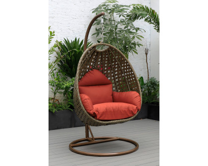 LeisureMod Beige Wicker Hanging Single Egg Swing Chair - Cherry