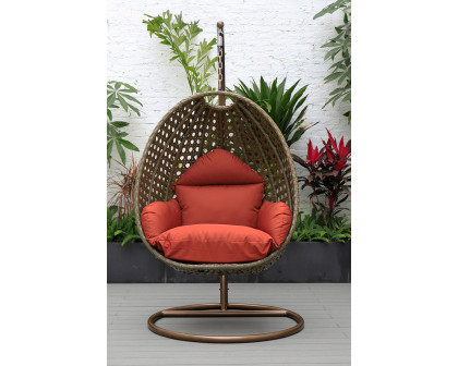 LeisureMod Beige Wicker Hanging Single Egg Swing Chair - Cherry