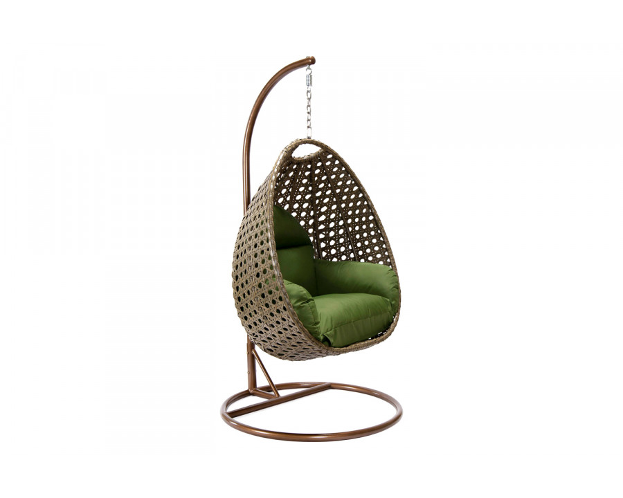 LeisureMod Beige Wicker Hanging Single Egg Swing Chair - Dark Green