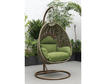 LeisureMod Beige Wicker Hanging Single Egg Swing Chair - Dark Green