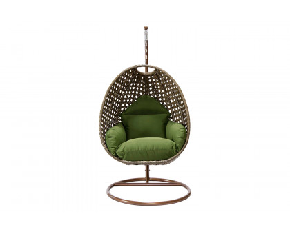 LeisureMod Beige Wicker Hanging Single Egg Swing Chair - Dark Green