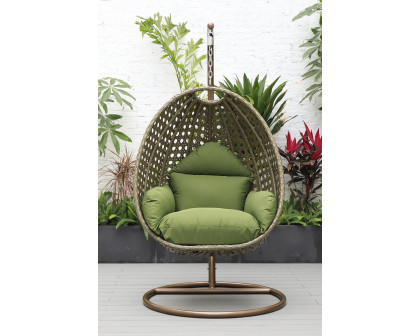 LeisureMod Beige Wicker Hanging Single Egg Swing Chair - Dark Green