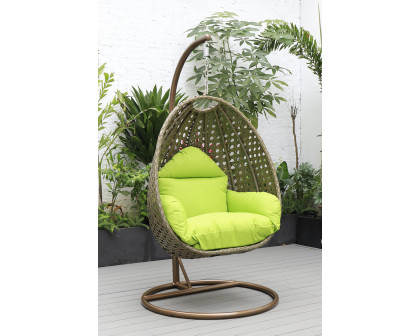 LeisureMod Beige Wicker Hanging Single Egg Swing Chair - Light Green