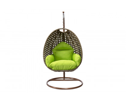 LeisureMod Beige Wicker Hanging Single Egg Swing Chair - Light Green