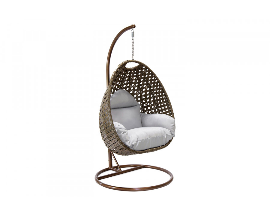 LeisureMod Beige Wicker Hanging Single Egg Swing Chair - Light Gray