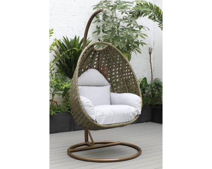 LeisureMod Beige Wicker Hanging Single Egg Swing Chair - Light Gray