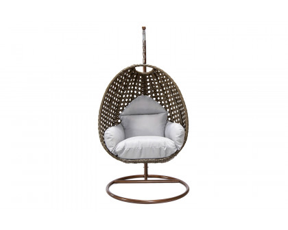 LeisureMod Beige Wicker Hanging Single Egg Swing Chair - Light Gray