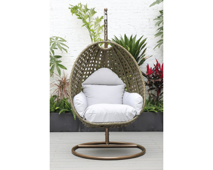 LeisureMod Beige Wicker Hanging Single Egg Swing Chair - Light Gray