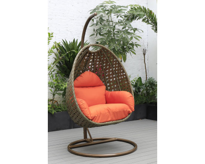 LeisureMod Beige Wicker Hanging Single Egg Swing Chair - Orange