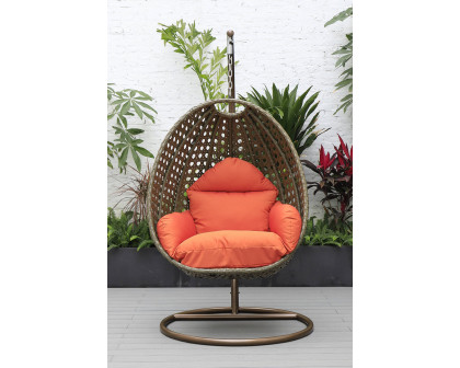 LeisureMod Beige Wicker Hanging Single Egg Swing Chair - Orange