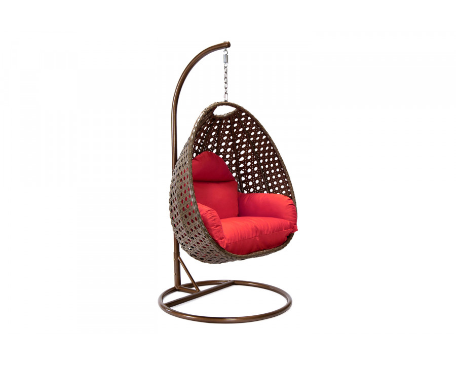 LeisureMod Beige Wicker Hanging Single Egg Swing Chair - Red