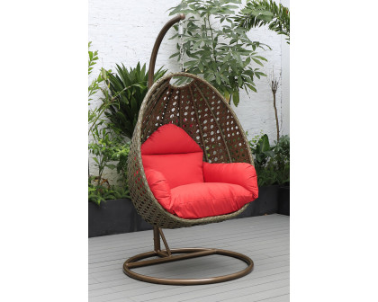 LeisureMod Beige Wicker Hanging Single Egg Swing Chair - Red