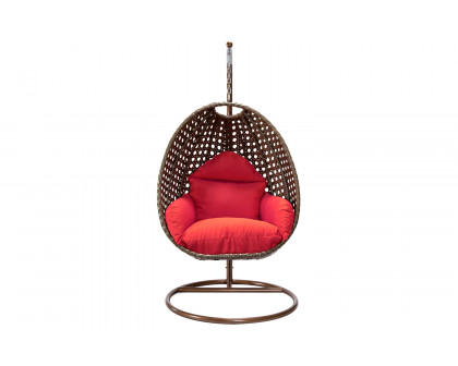 LeisureMod Beige Wicker Hanging Single Egg Swing Chair - Red