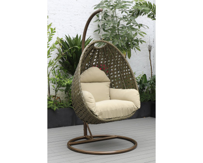 LeisureMod Beige Wicker Hanging Single Egg Swing Chair - Taupe