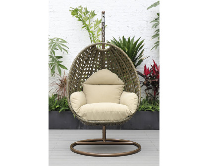 LeisureMod Beige Wicker Hanging Single Egg Swing Chair - Taupe