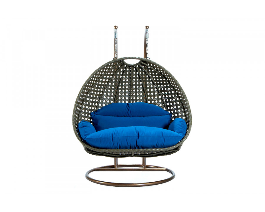 LeisureMod Modern Beige Wicker Hanging Double Seater Egg Swing Chair - Blue