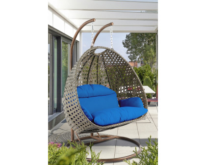 LeisureMod Modern Beige Wicker Hanging Double Seater Egg Swing Chair - Blue