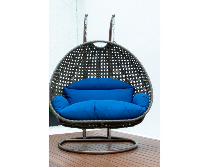 LeisureMod Modern Beige Wicker Hanging Double Seater Egg Swing Chair - Blue