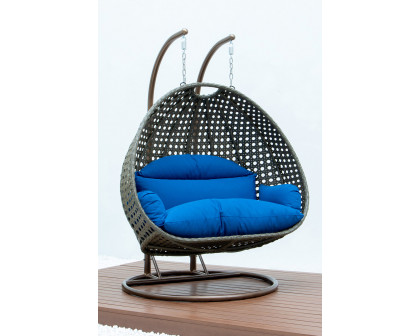 LeisureMod Modern Beige Wicker Hanging Double Seater Egg Swing Chair - Blue