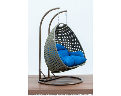 LeisureMod Modern Beige Wicker Hanging Double Seater Egg Swing Chair - Blue