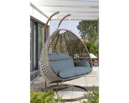 LeisureMod Modern Beige Wicker Hanging Double Seater Egg Swing Chair - Charcoal/Blue