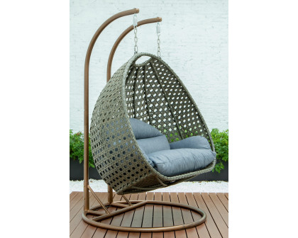 LeisureMod Modern Beige Wicker Hanging Double Seater Egg Swing Chair - Charcoal/Blue