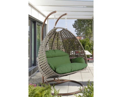 LeisureMod Modern Beige Wicker Hanging Double Seater Egg Swing Chair - Dark Green