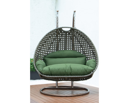 LeisureMod Modern Beige Wicker Hanging Double Seater Egg Swing Chair - Dark Green