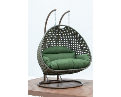 LeisureMod Modern Beige Wicker Hanging Double Seater Egg Swing Chair - Dark Green