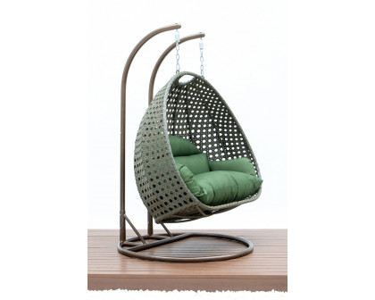 LeisureMod Modern Beige Wicker Hanging Double Seater Egg Swing Chair - Dark Green