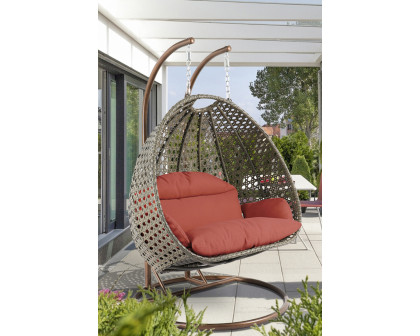 LeisureMod Modern Beige Wicker Hanging Double Seater Egg Swing Chair - Dark Orange