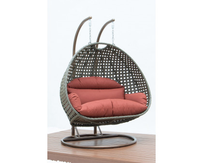 LeisureMod Modern Beige Wicker Hanging Double Seater Egg Swing Chair - Dark Orange